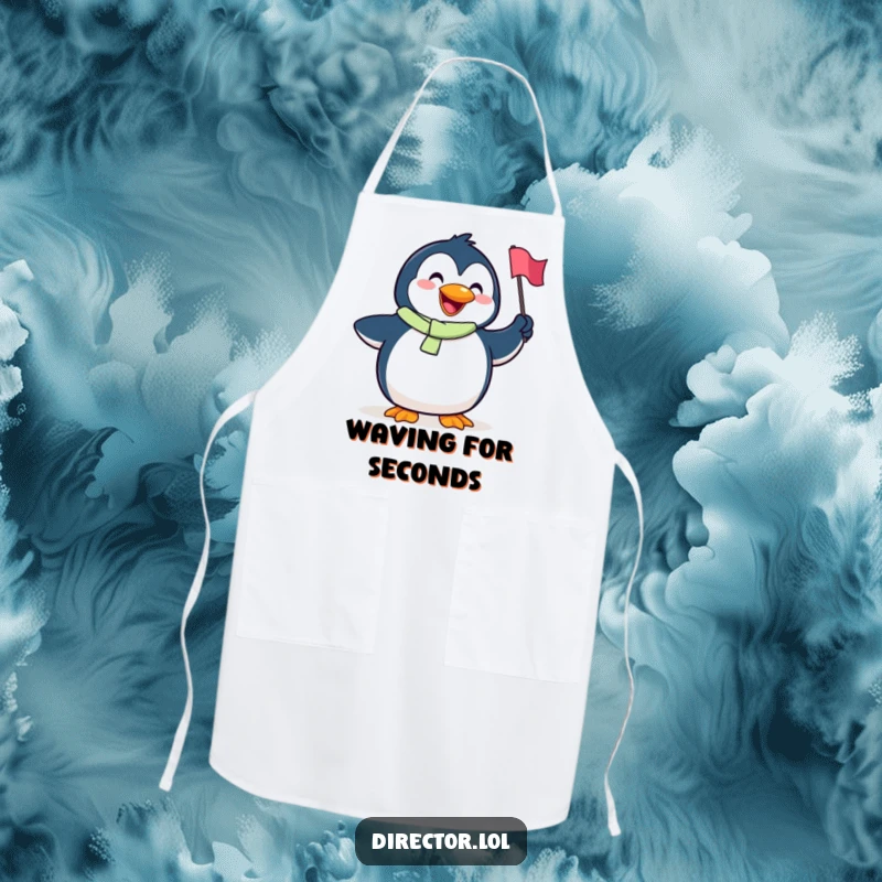Funny Penguin Apron: A kitchen apron depicting a goofy penguin with a huge smile happily waving a tiny flag.
