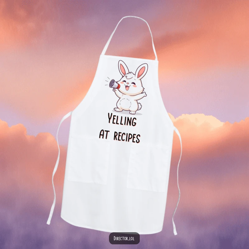 Funny Bunny Apron: Fluffy bunny grins and gestures wildly with a small megaphone, perfect for a festive kitchen.