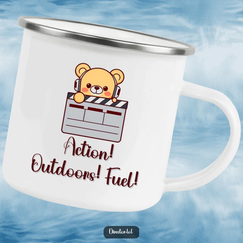 Funny Bear Director Camping Mug: Tiny smiling bear with headphones points at a clapperboard, ready for outdoor adventures, a durable funny gift.