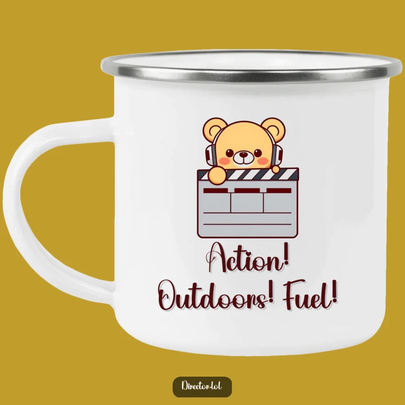 Funny Bear Director Camping Mug: Durable Bear with Headphones & Clapperboard, Outdoor Movie Gift