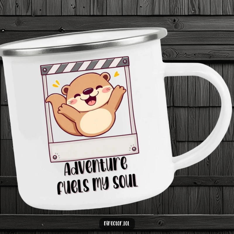 Funny Camping Mug: Cheerful otter sliding down a storyboard, ideal for outdoor adventures and movie lovers alike.