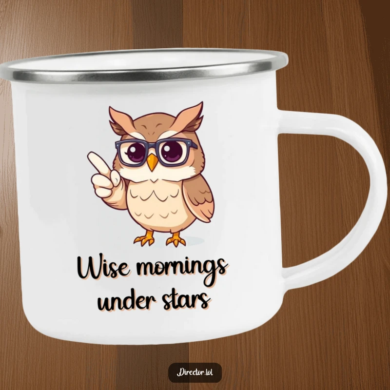 Funny Camping Mug: Proud owl with glasses directing an imaginary stage, ideal for outdoor inspiration.