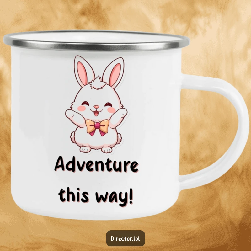 Funny camping mug with a fluffy bunny in a tiny bowtie, pointing enthusiastically, built for outdoor enjoyment.