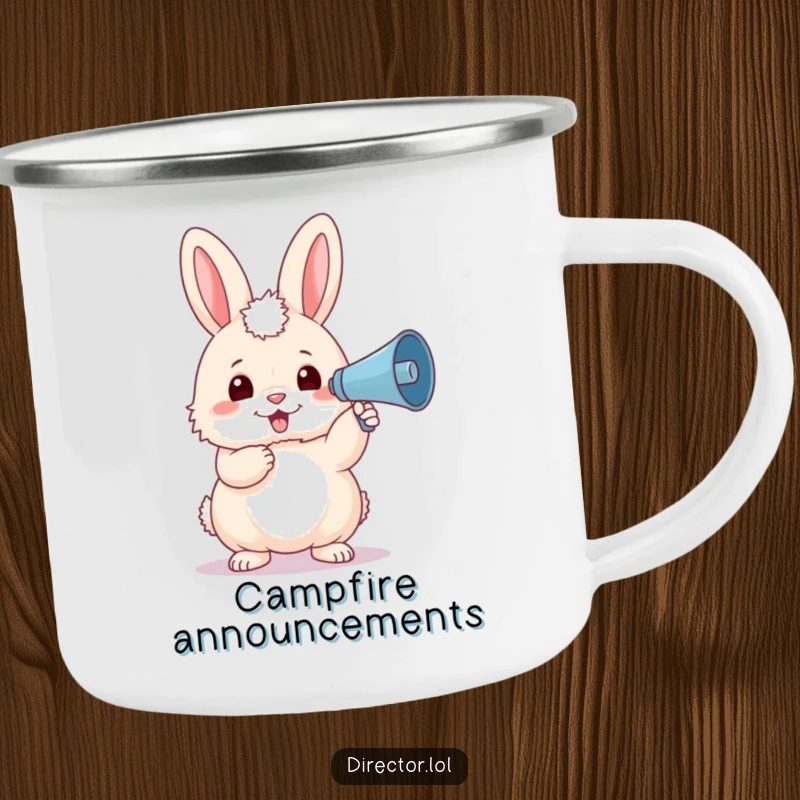 Funny fluffy bunny in a beret, holding a tiny megaphone, ready to rally the campers around the fire on this durable camping mug.