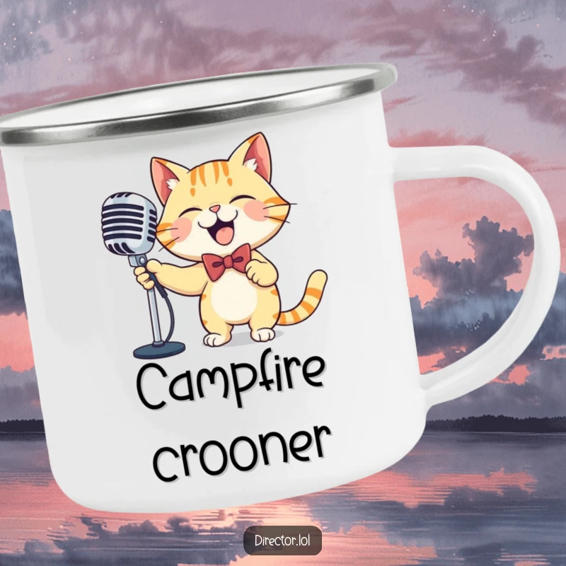 Funny cat microphone camping mug, durable enamel, a giggling cat in a bowtie, dramatically sweeping a large ornate microphone, ready for outdoor tunes.