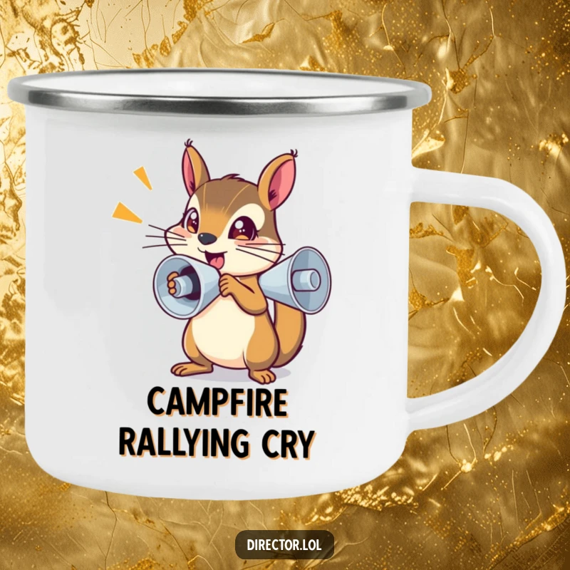 Funny Camping Mug: Determined squirrel with a megaphone, sparkling eyes, durable enamel for outdoor use.