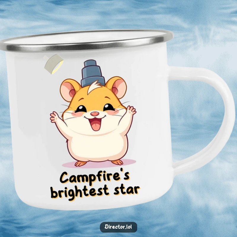 Funny camping mug with a joyful hamster adjusting a spotlight with a big grin, for outdoor adventures.