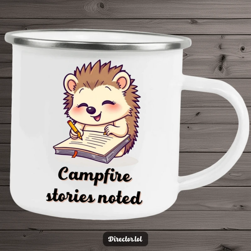 Funny giggling hedgehog scribbling notes on a giant yellow notepad, a durable enamel camping mug for outdoor thinkers.