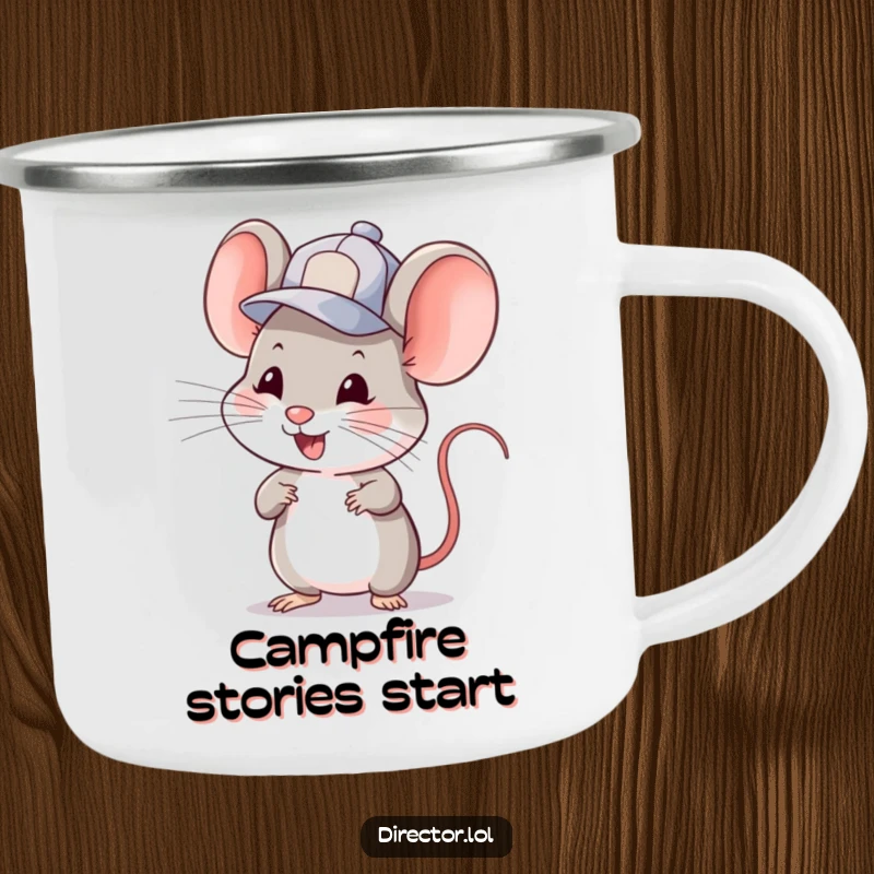 Funny mouse in a cap, winking and gesturing to cue a scene. A durable and humorous camping mug, funny gift.