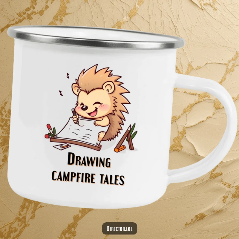 Funny determined hedgehog drawing furiously on a storyboard with a cheerful smile on this durable camping mug, perfect for outdoor planning.