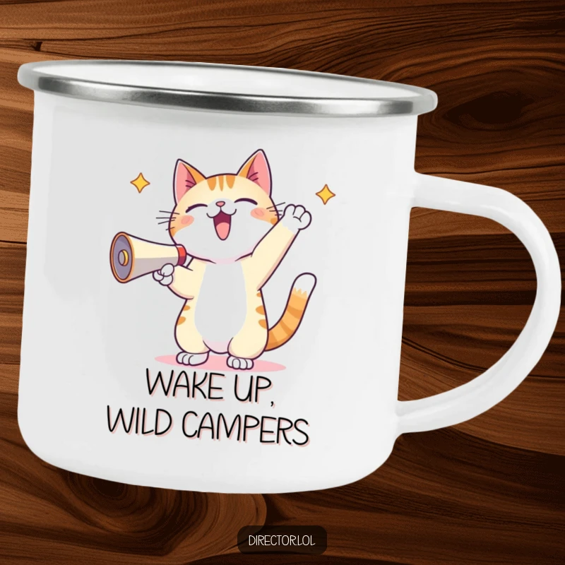 Funny Kawaii Cat Camping Mug: A sturdy camping mug featuring a kawaii cat energetically shouting into a megaphone with paws raised.