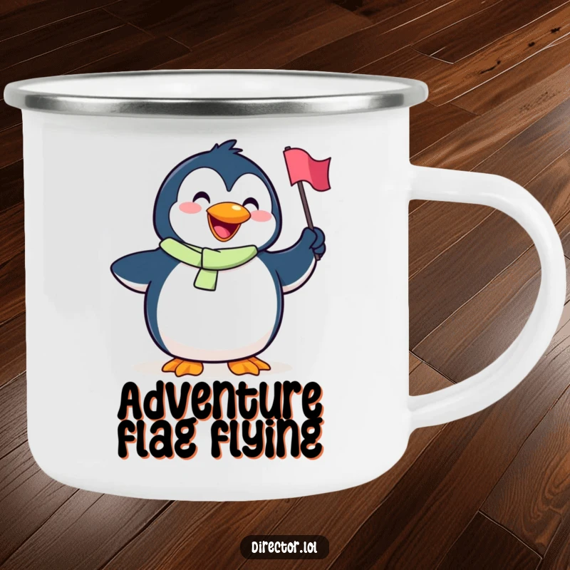 Funny Penguin Camping Mug: A robust mug featuring a goofy penguin with a big smile waving a tiny flag, ready for outdoor fun.