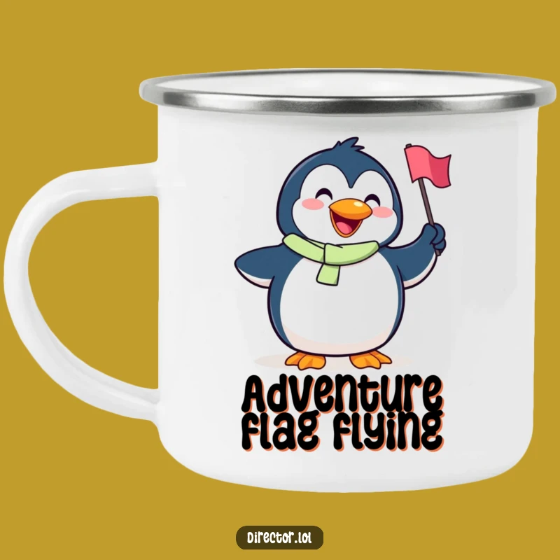 Durable Funny Penguin Flag Camping Mug - Adventures Filled with Joy