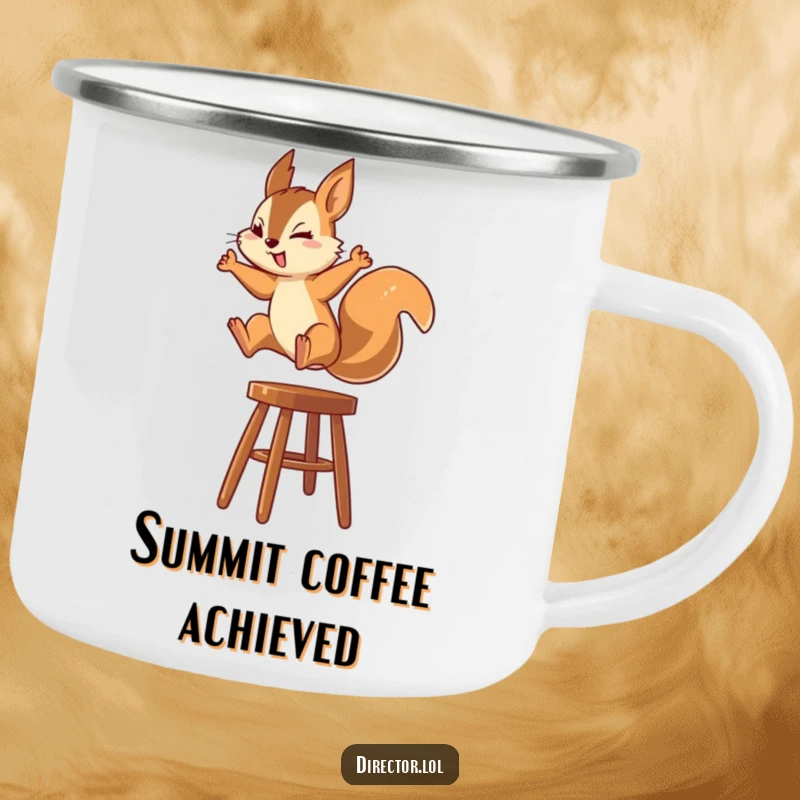 Funny Squirrel Camping Mug: A sturdy mug showing a squirrel energetically leaping onto a high stool with extreme focus on its mission.
