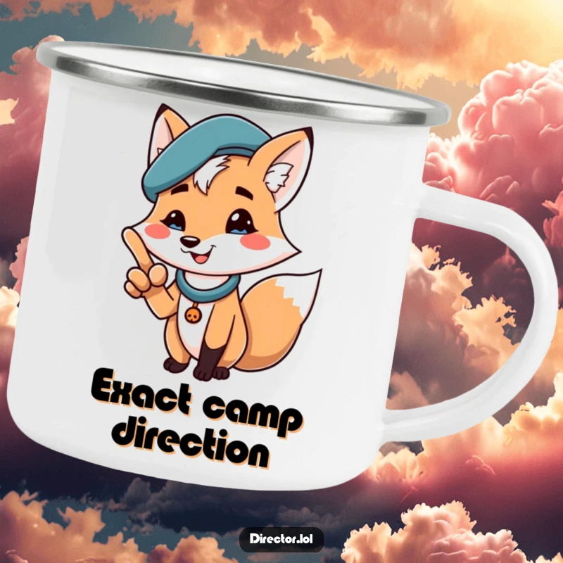 Funny camping mug with a cheerful fox in a beret, boldly pointing with a proud smile, perfect for adventurous and humorous outings.