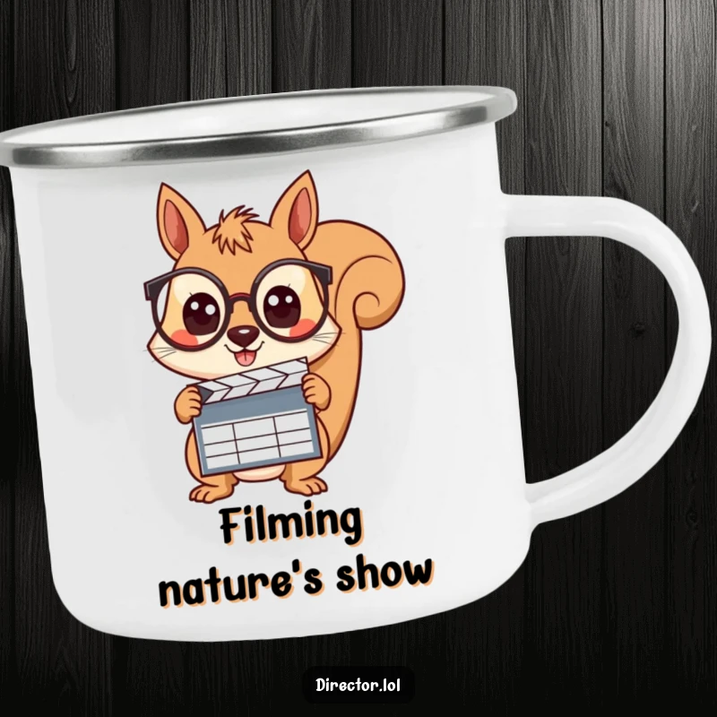 Funny squirrel wearing spectacles, holding a clapboard with wide, curious eyes, ready to direct the wilderness on this camping mug.
