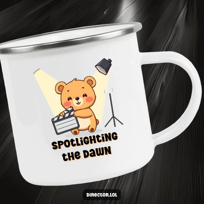 Funny Bear Cub Camping Mug: Cute bear cub points clapboard at spotlight, perfect for outdoor movie nights.