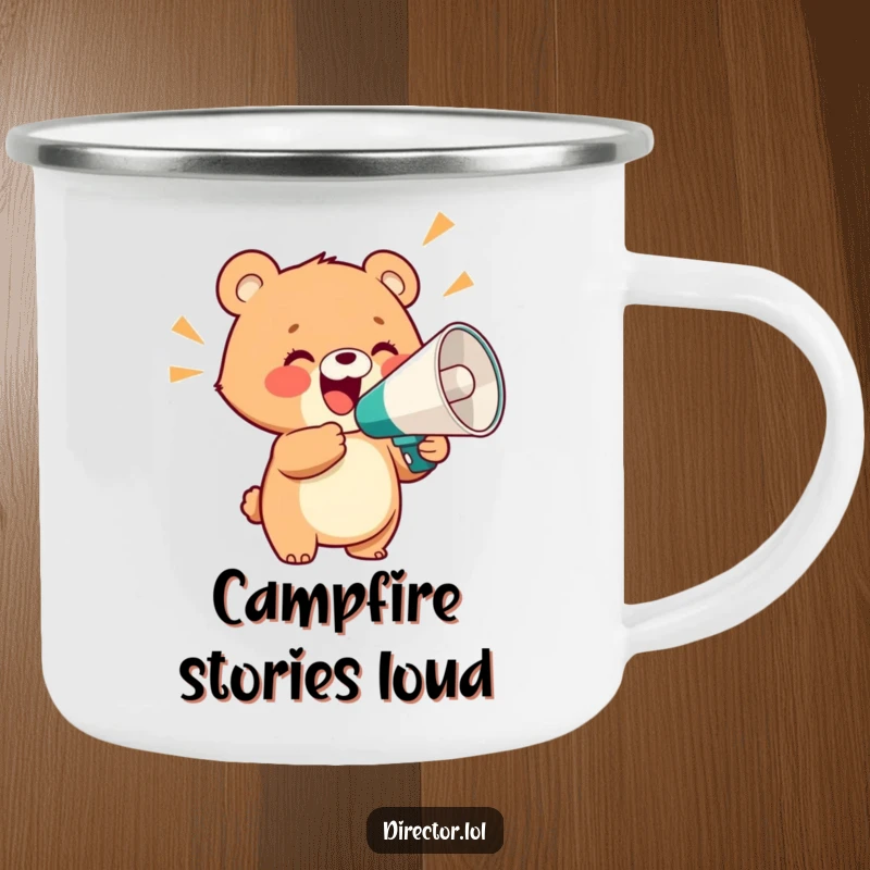 Funny camping mug with a delighted bear cub holding a giant megaphone and shouting with glee, perfect for loud outdoor enjoyment.