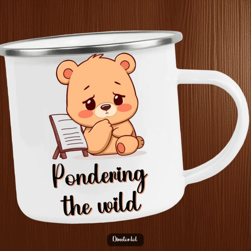 Funny Bear Director Camping Mug: A bear thoughtfully taps its chin while studying a storyboard, enjoying the great outdoors.
