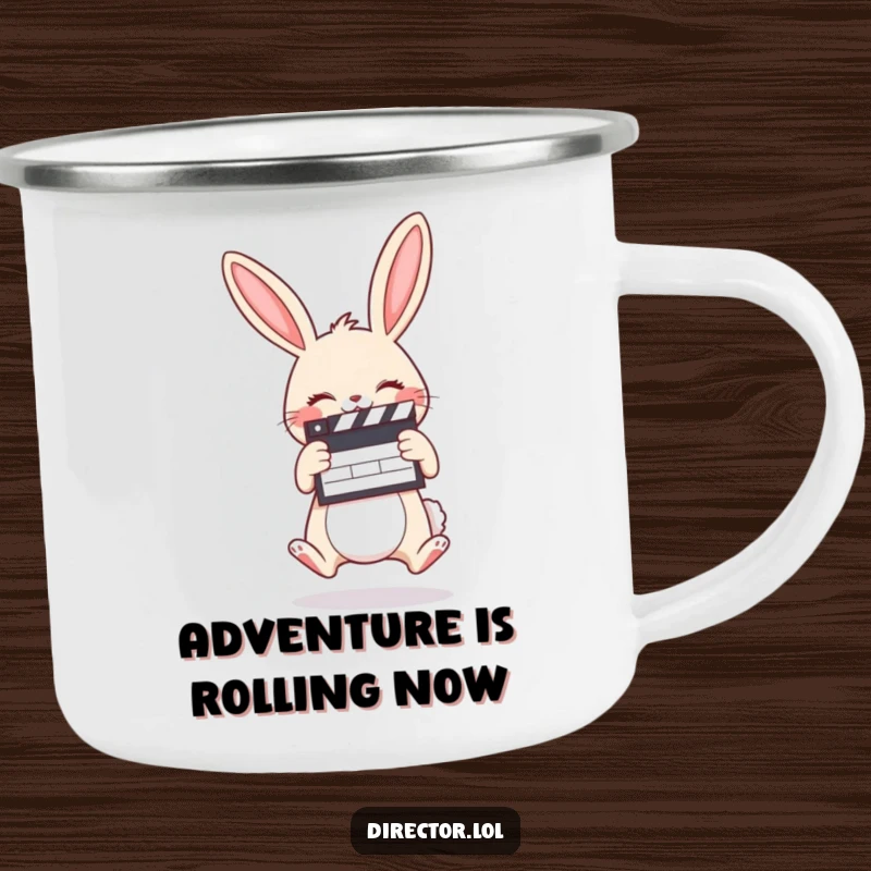 Funny camping mug with a giggling cartoon bunny holding a clapboard, jumping with joy, ready for adventure.
