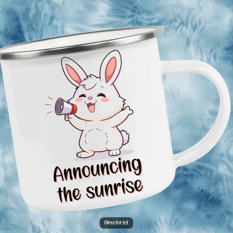Funny Bunny Camping Mug: Fluffy bunny grins, gestures wildly with a megaphone, perfect for outdoor shouts.
