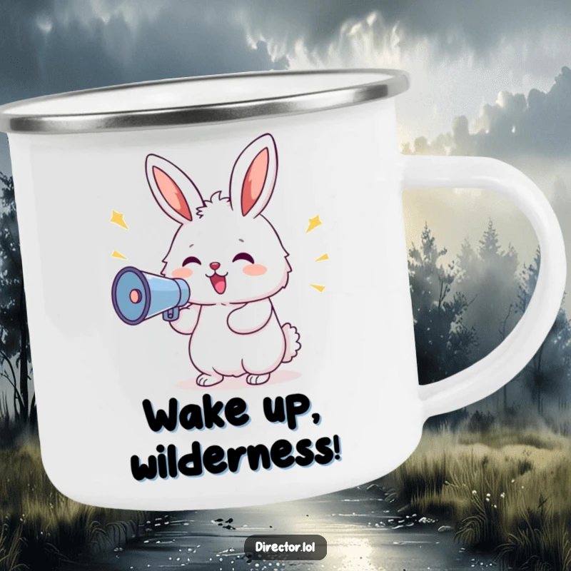 Funny Bunny Megaphone Camping Mug: Delighted bunny shouting commands through a megaphone, ideal for outdoor adventures, a hardy funny gift.