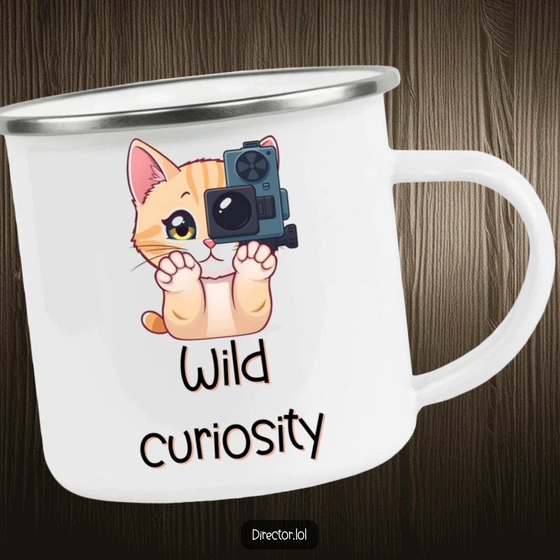 Funny Camping Mug featuring a curious cat pawing at a movie camera, ideal for enjoying drinks outdoors while embracing cinematic adventure.