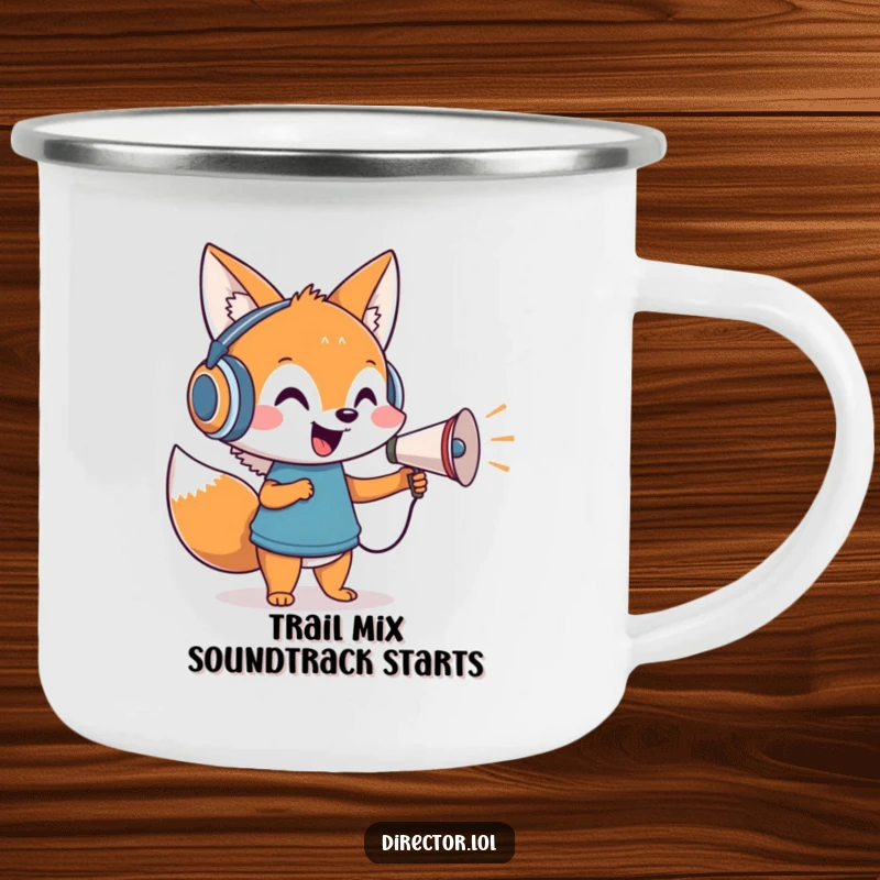 Funny camping mug with a cheerful cartoon fox in headphones directing with a megaphone, ready for the wilderness.