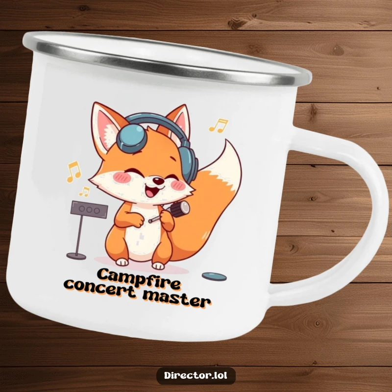 Funny giggling fox in large headphones, conducting an invisible orchestra with glee by the campfire on this durable camping mug.