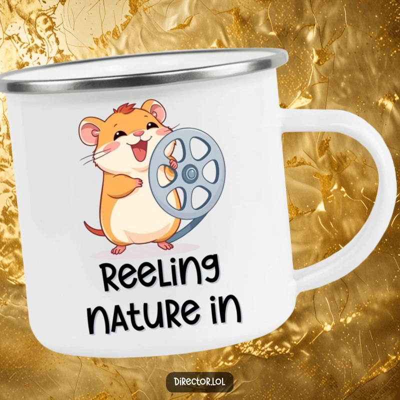 Funny Hamster Film Reel Camping Mug: Giggling hamster spins a large film reel with excitement, ideal for outdoor adventures, a hardy funny gift.