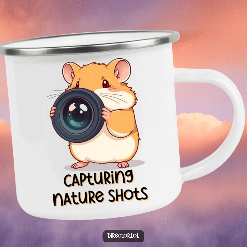 Funny camping mug with a serious hamster adjusting a large camera lens, ready for outdoor photography.