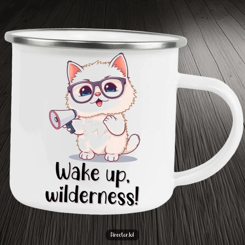 Funny camping mug: A fluffy white kitten with big glasses waves a small megaphone, ready for outdoor adventures and hot beverages.