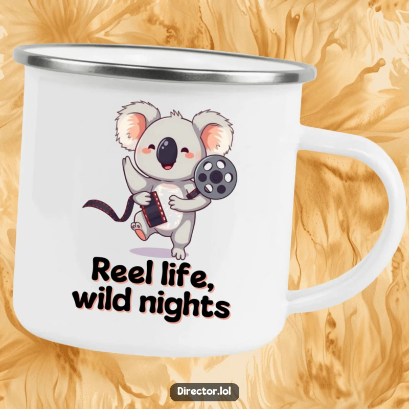 Funny camping mug featuring a bouncing koala holding a film reel, striking a playful pose, for outdoor adventures.