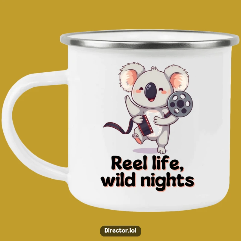 Funny Koala Camping Mug: Adventure with Film Reel Fun