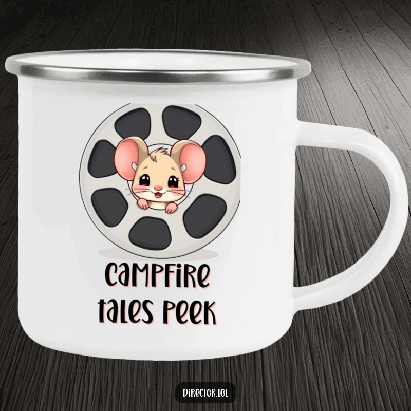 Funny mouse film reel camping mug, a curious cartoon mouse peeking from behind a giant film reel, ready for an exciting outdoor adventure.