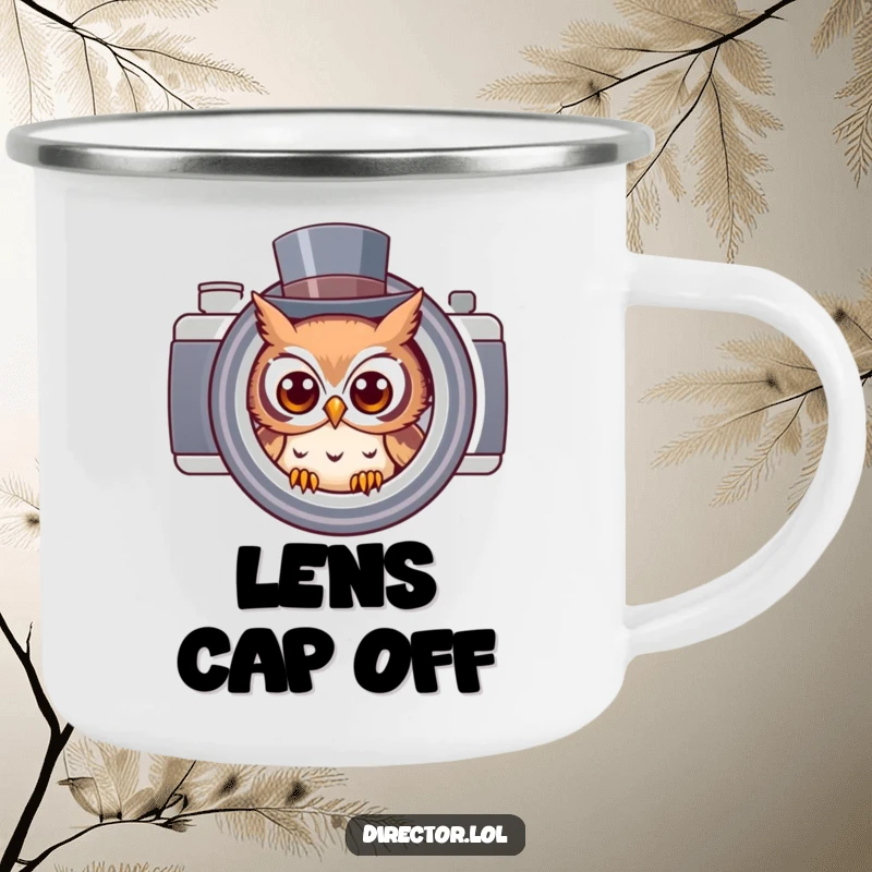 Funny owl in a top hat peeking through a camera lens, a durable enamel camping mug for outdoor explorers with a sense of humor.