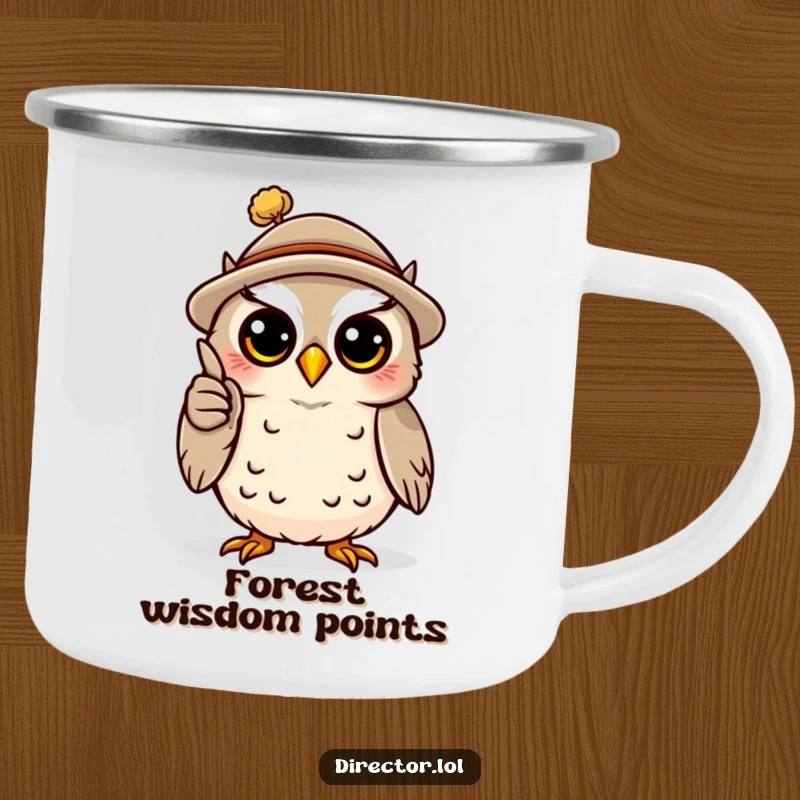 Funny camping mug showing a happy owl wearing a tiny hat, dramatically gesturing with a miniature pointer, perfect for outdoor contemplation.