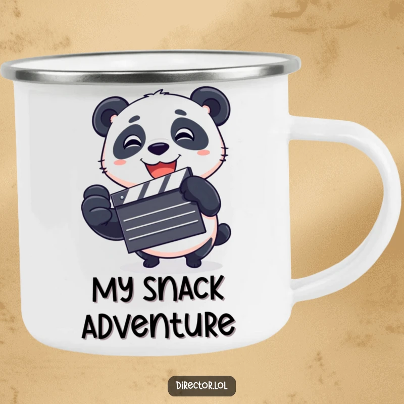 Funny Camping Mug featuring a playful panda spinning a clapboard, perfect for enjoying beverages outdoors while channeling cinematic enthusiasm.