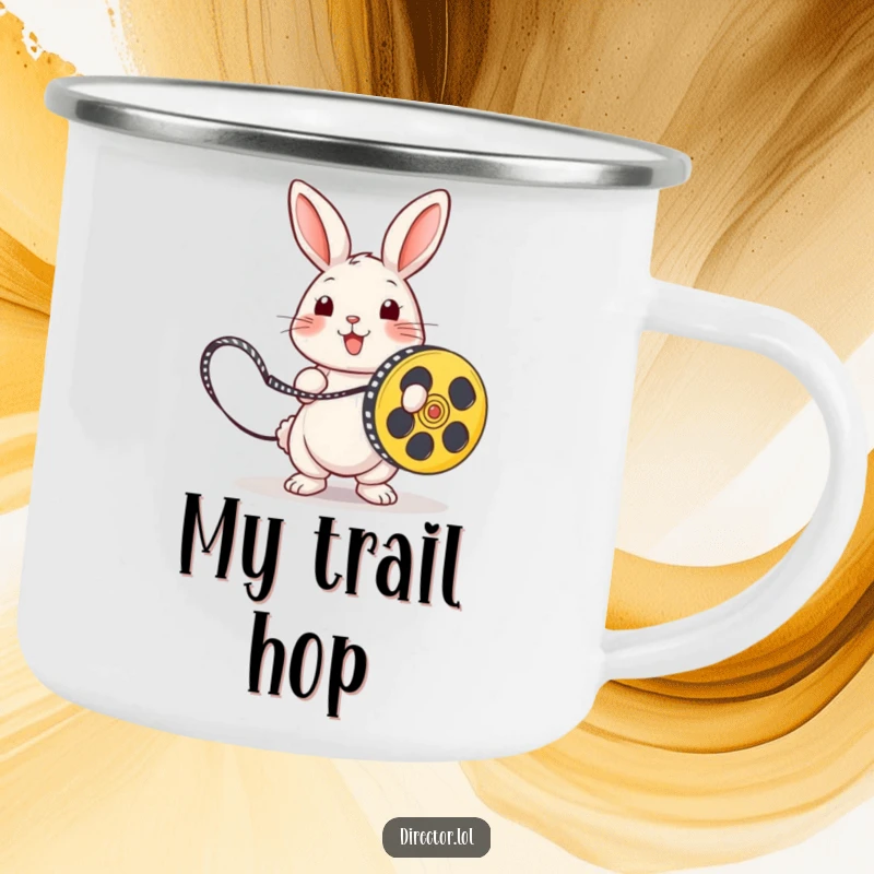 Funny playful rabbit skipping with a film reel, ready for adventure on a durable camping mug.