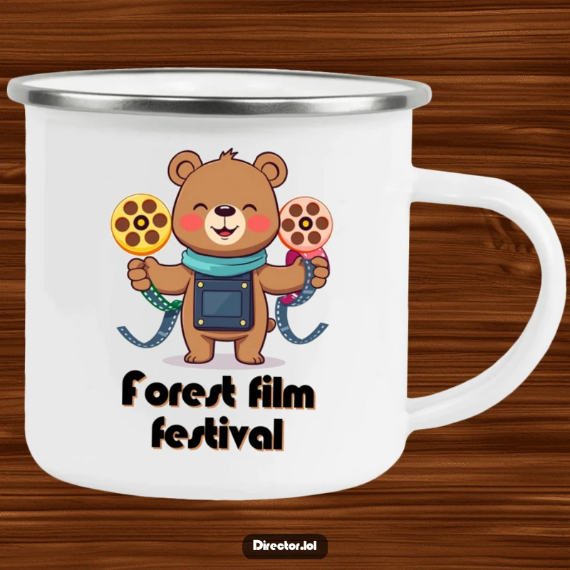 Funny smiling bear gleefully juggling three colorful film reels, a durable enamel camping mug for outdoor entertainers.
