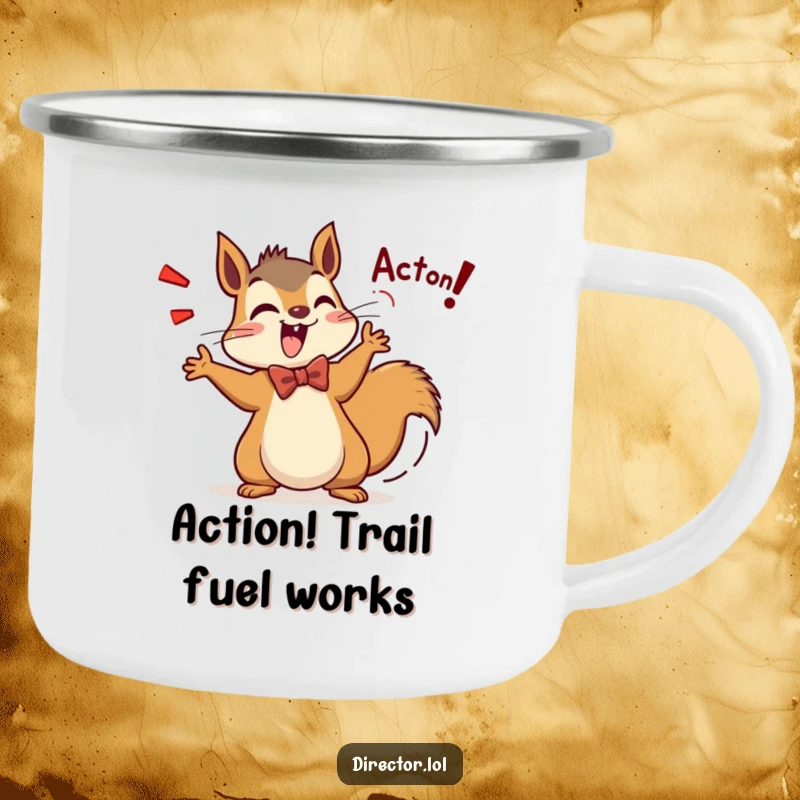 Funny Squirrel Director Camping Mug: A dapper squirrel in a bow tie enthusiastically shouts Action!, ready for an outdoor scene.