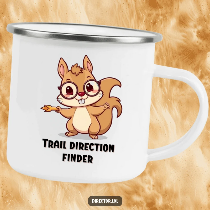 Funny squirrel camping mug showing a mischievous squirrel wearing a monocle, enthusiastically pointing with a tiny arrow.
