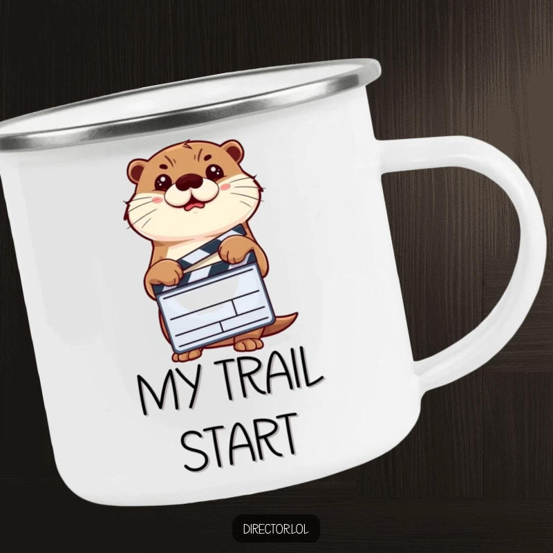 Funny determined otter with a clapperboard, ready for the outdoors on a durable camping mug.