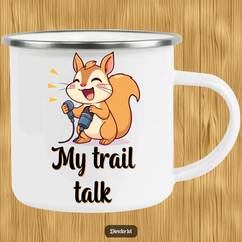 Funny joyful squirrel shouting into a microphone, ready for adventure on a durable camping mug.