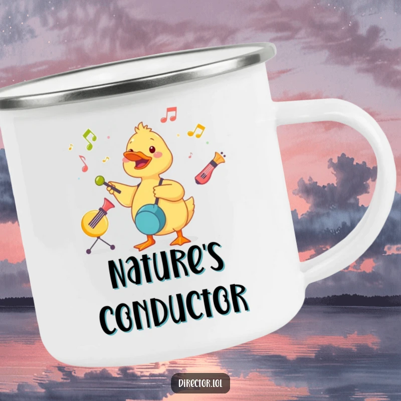 Funny Duckling Conductor Camping Mug: A cute duckling energetically conducts a symphony of toy instruments, enjoying the great outdoors.