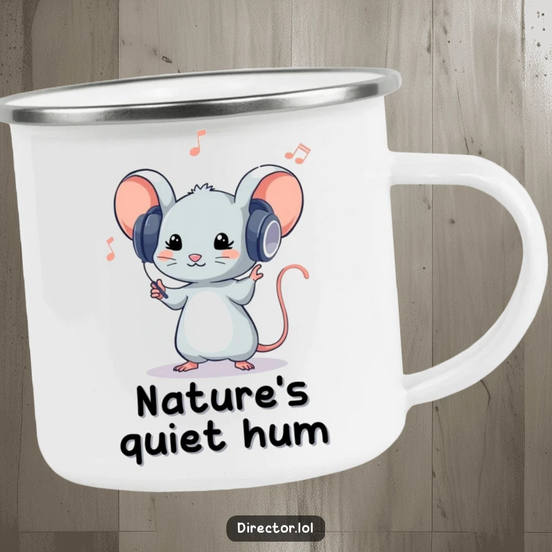 Funny camping mug featuring a tiny mouse in big headphones, conducting an orchestra, ready for campfire tunes and musical adventures.