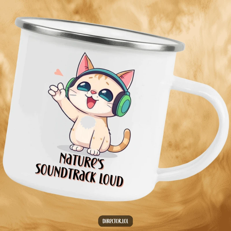 Funny camping mug featuring a cat with oversized headphones, gesturing wildly, for durable outdoor music enjoyment.