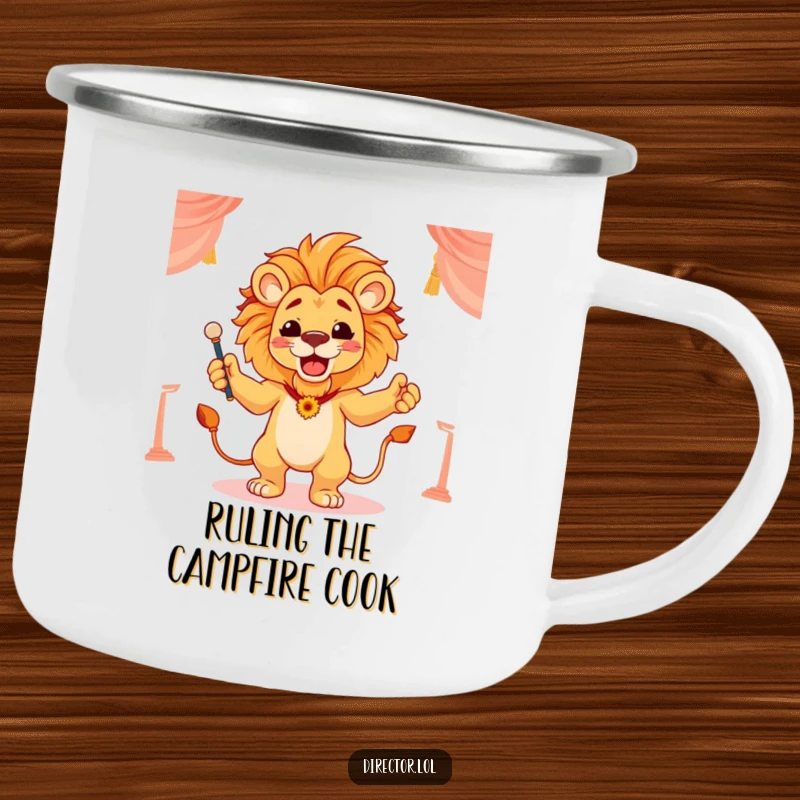 Funny camping mug featuring a proud lion conducting a scene with flourish, ready for outdoor adventures and commanding presence.