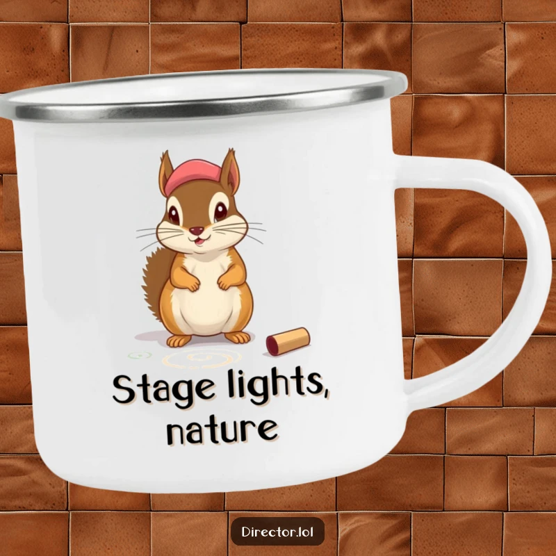 Funny Camping Mug: Squirrel in a beret chalking stage markings, bringing funny artistic flair to outdoor adventures.