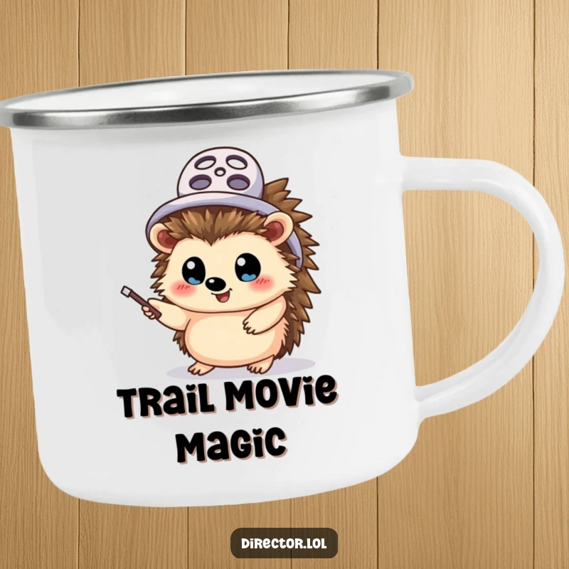 Funny hedgehog director camping mug, durable enamel, a cheerful hedgehog with a film reel hat, waving a pointer stick with wide eyes, ready for adventure.